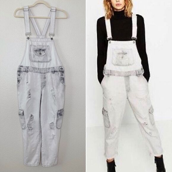 Zara Basic Bleach Distressed Cargo Style Jeans Overalls - Picture 1 of 15